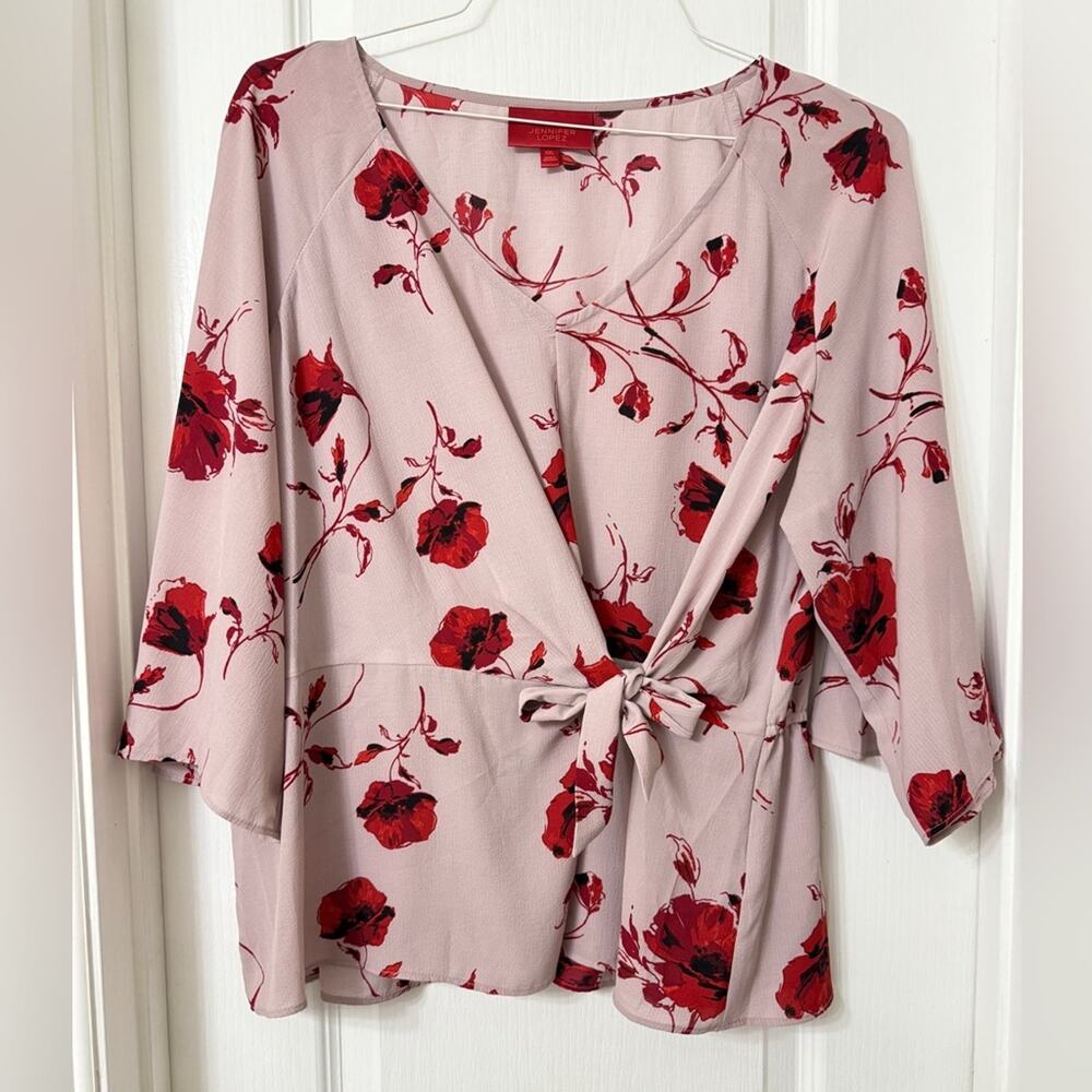 Jennifer Lopez tie bell sleeve mauve red floral blouse size xxl